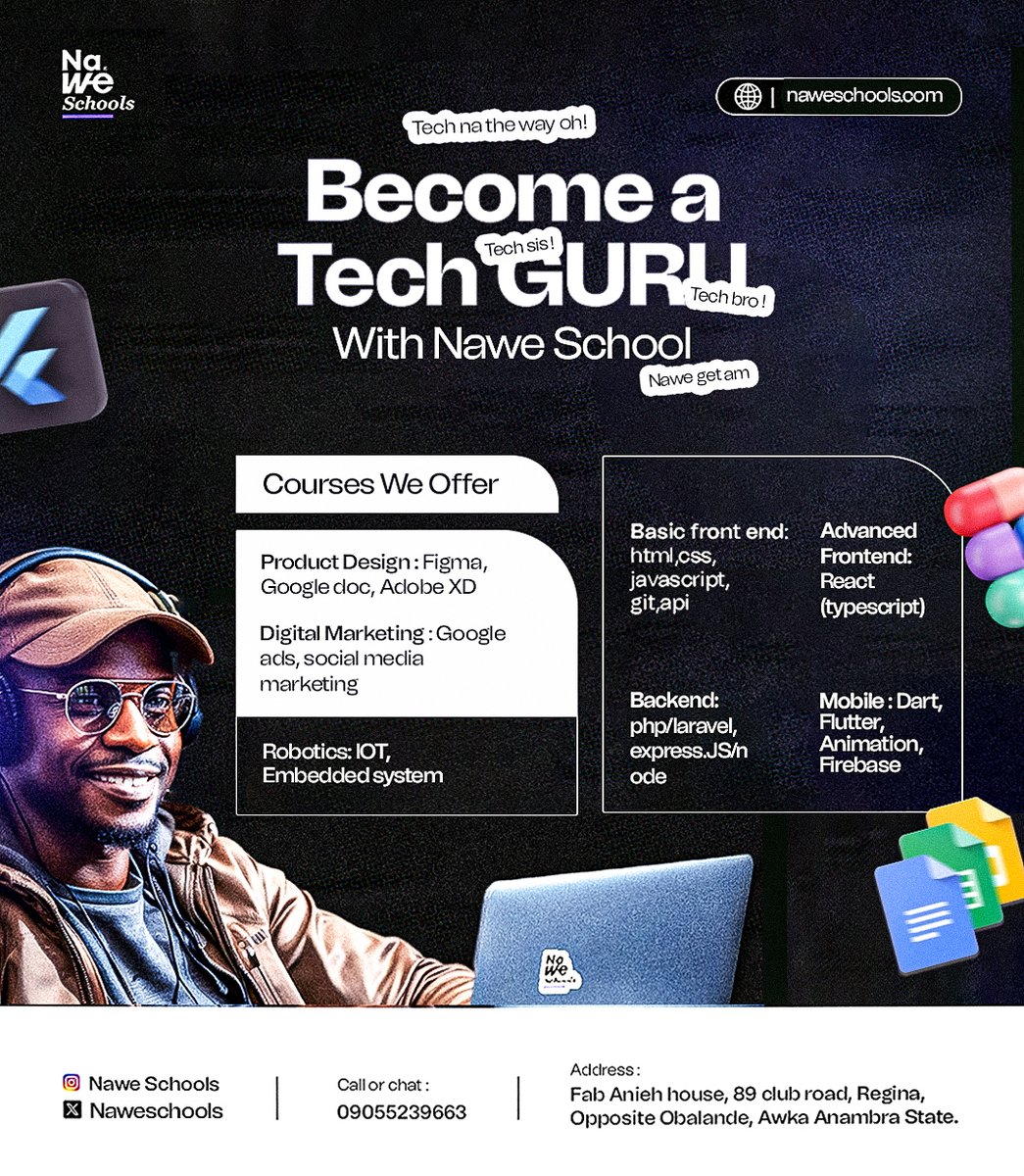 NaweSchools's tweet photo. Nawe Schools is your one-stop shop for launching your tech career.

Master frontend, backend, product design, digital marketing &amp; Flutter development.
Build your leadership skills at our business school.
Become the future of tech!

#techhub #coding #leadership #EntrepreneurLife https://t.co/9rPX8SuDRH