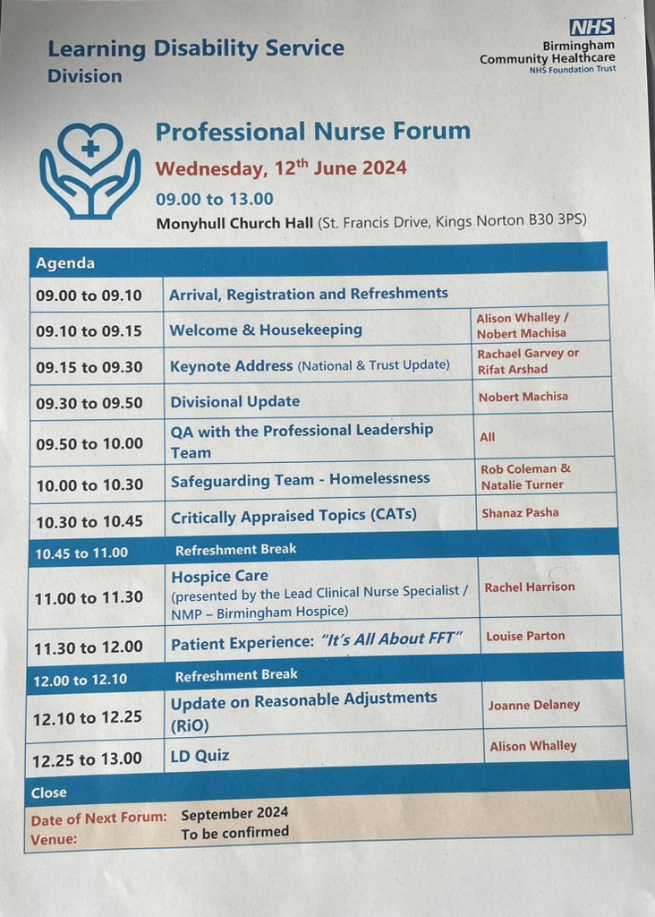 Great day ahead for the LD nurse forum… always love coming along to join colleagues and play my part with updates! Fantastic agenda for learning and reflecting together, thank you Nobert and Alison for pulling together #ldnurse  <a href="/rifaarshad/">Rifat Arshad</a> <a href="/galligan41/">Lorraine Galligan</a> <a href="/WhalleyAllison/">Alison Whalley</a>