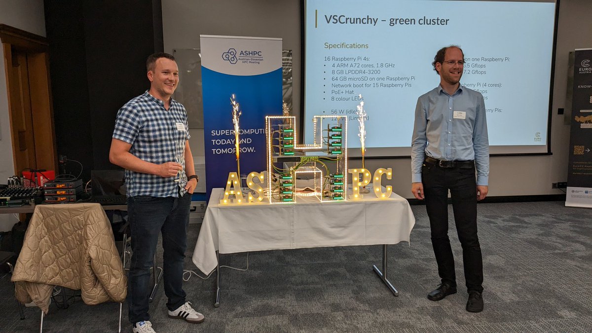 eurocc_austria's tweet photo. The VSCrunchy was designed and built by the team of @eurocc_austria who hasn't yet submitted the system to the #top500. Performance aside, we're happy that it's one of the greenest supercomputers out there - unless it's crunching numbers. Then it's red 🙃
#ASHPC24 https://t.co/251J6nxTOI