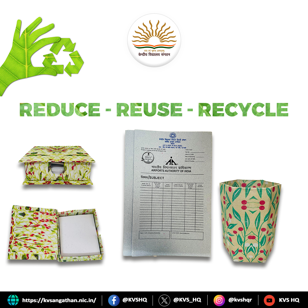 KVS_HQ's tweet photo. Kudos to @kvs_ro for their incredible initiative!
They recycled the office paper waste collected during Special Swachhata Drive into #EcoFriendly stationery items in collaboration with @AAI_Official. Each piece showcases the beauty of repurposing and sustainability. 
#MissionLiFE https://t.co/sQzY6yldvc