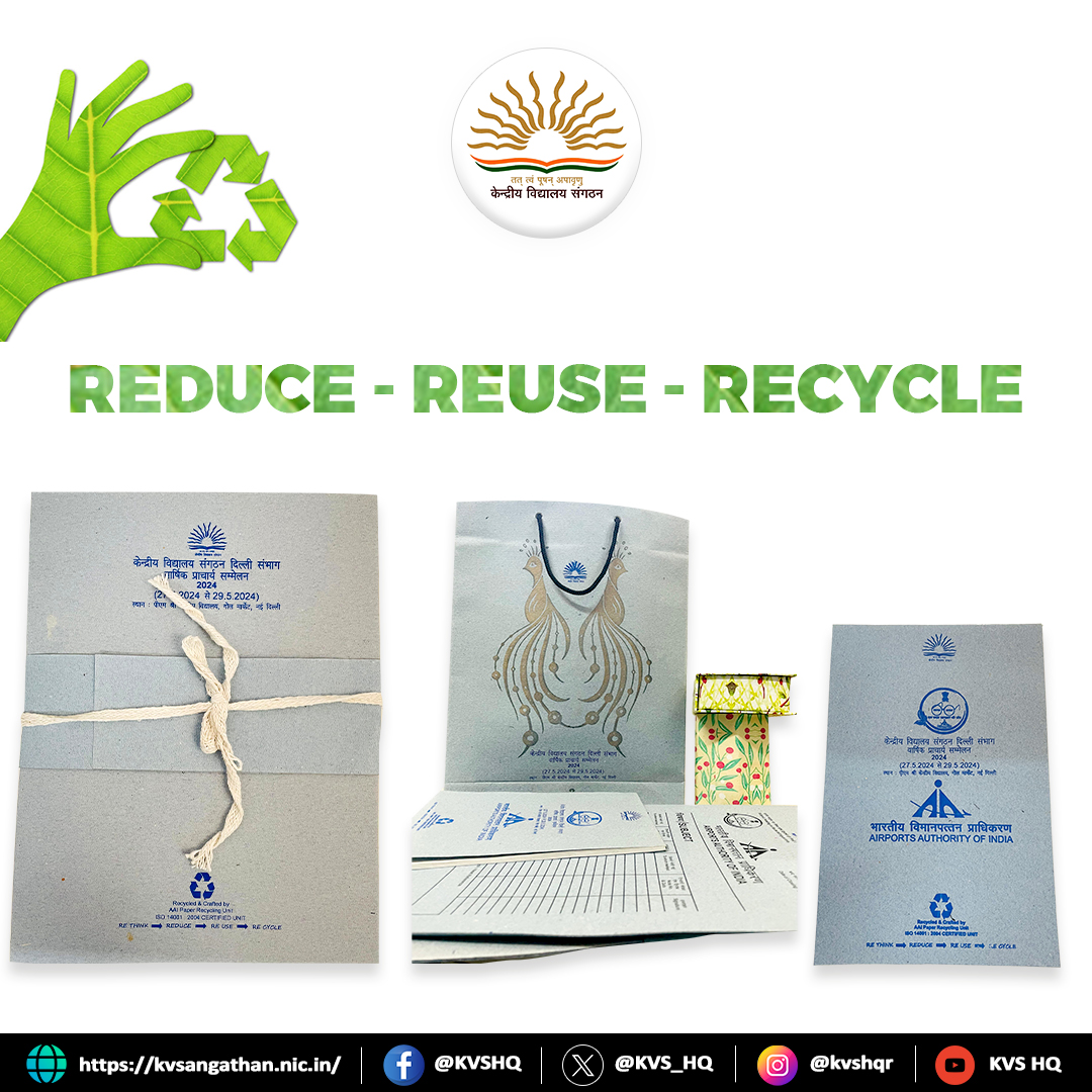 KVS_HQ's tweet photo. Kudos to @kvs_ro for their incredible initiative!
They recycled the office paper waste collected during Special Swachhata Drive into #EcoFriendly stationery items in collaboration with @AAI_Official. Each piece showcases the beauty of repurposing and sustainability. 
#MissionLiFE https://t.co/sQzY6yldvc