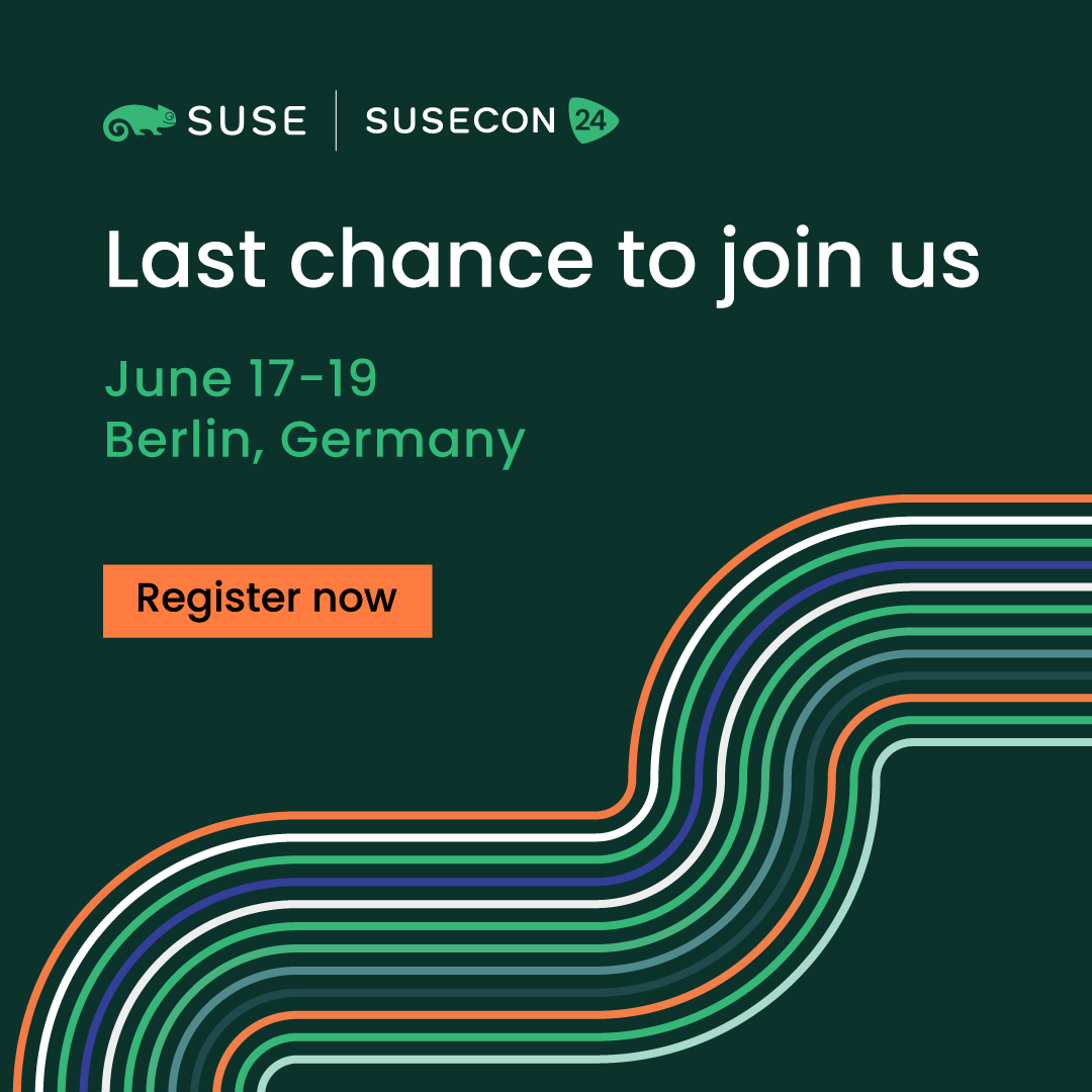 🚨 Last call for #SUSECON24! Join us in #Berlin in less than a week, June 17-19, to explore tech trends, get inspired by industry leaders, and connect with #opensource experts. 👉 Get ready for an unforgettable experience at #SUSECON24! 🔗 Register now: okt.to/wrYfRl