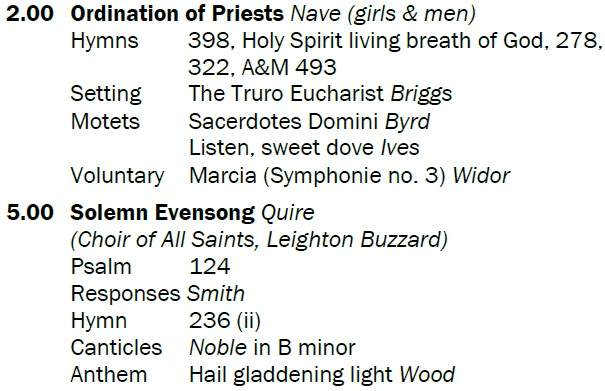 Today's ordination service at 2pm is sung by the Cathedral Girls Choir and Lay Clerks. At Evensong we welcome the choir of <a href="/allsaintsLB/">All Saints Church</a> who sing music by #ThomasTertiusNoble and #CharlesWood.