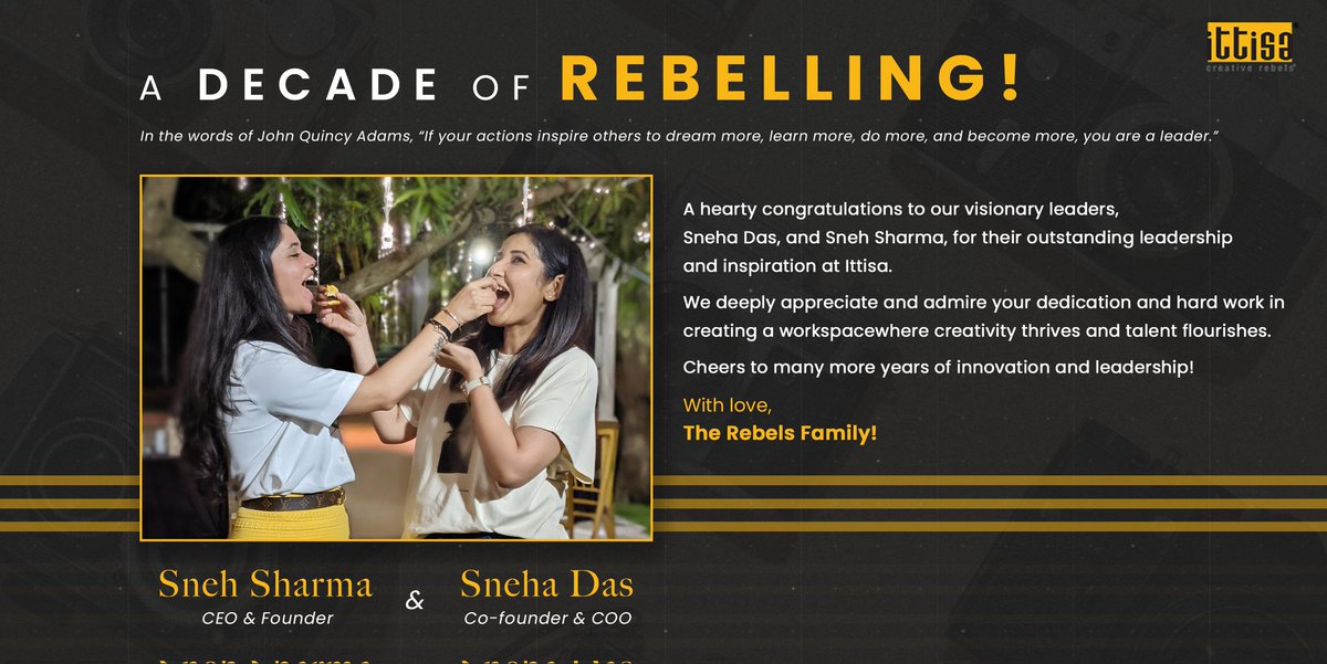 ittisa_IN's tweet photo. Congratulations to our visionary leaders, Sneha Das and Sneh Sharma, for a decade of outstanding leadership at Ittisa!

Your dedication and hard work have created a thriving and creative workspace!

Here's to many more years of innovation and inspiration.

#ittisa #creativerebels https://t.co/dxd5ILcdaQ