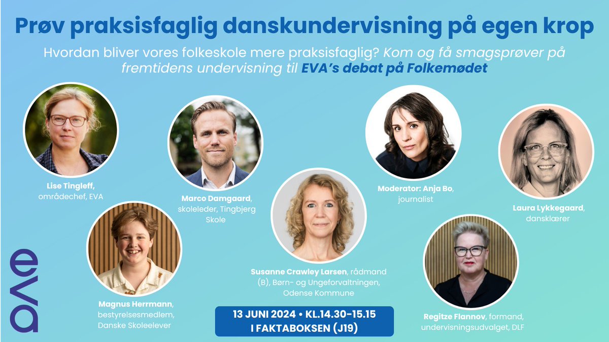 Hvordan bliver vores folkeskole mere praksisfaglig? EVA tager debatten i Faktaboksen (J19) i dag torsdag kl.14.30-15.15. Her kan du høre Laura Lykkegaard, Lise Tingleff, Marco Damgaard, Magnus Herrmann, Regitze Flannov og Susanne Crawley Larsen #uddpol