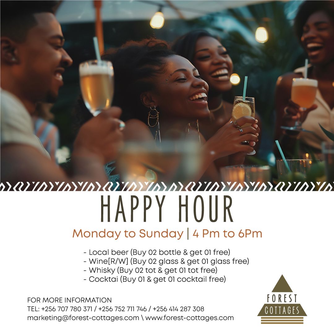 It's always a good time for Happy Hour at Forest Cottages! Don't miss out on our special offers daily from 4 PM to 6 PM. 🍺🍸 #GoodVibes #HappyHourSpecials"
To make a reservation, visit forest-cottages.com or contact us on +256 752 711 746/ +256 707 780 371