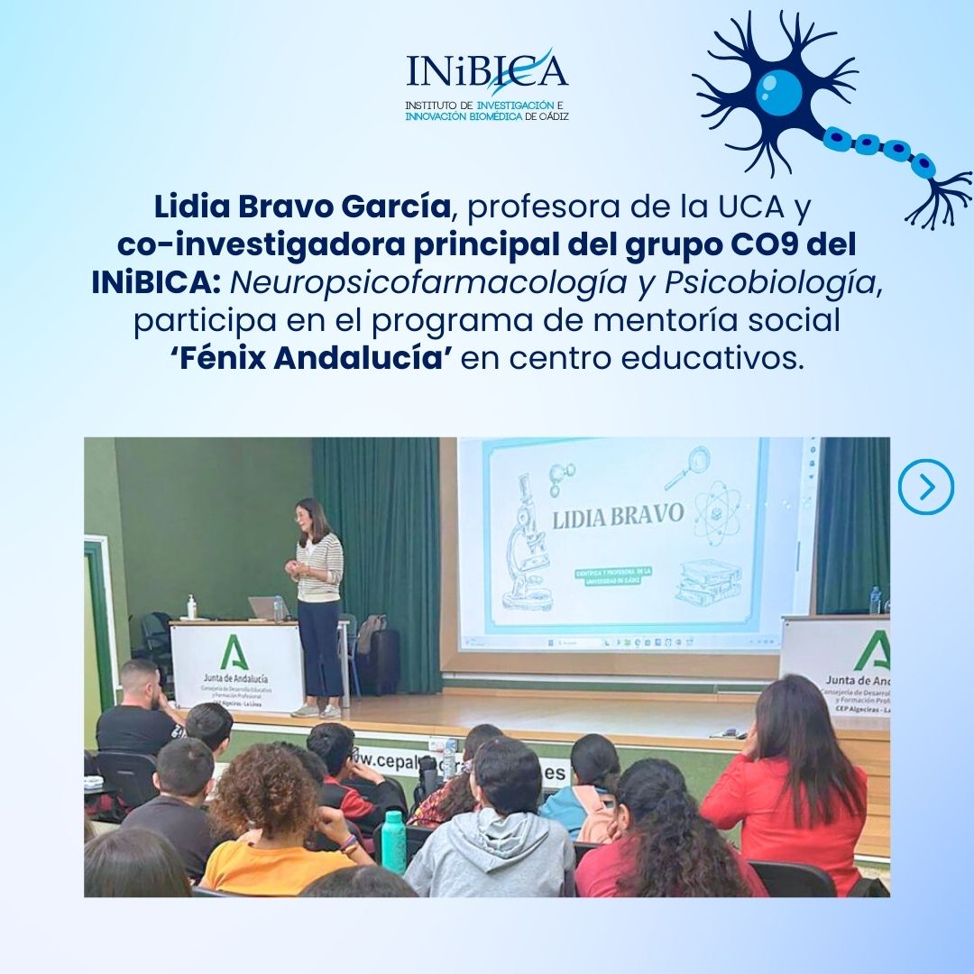 👩‍🔬🧠 Lidia Bravo García, profesora de la UCA y co-investigadora principal del grupo CO9 del INiBICA: #Neuropsicofarmacología y #Psicobiología, participa en el programa de mentoría social ‘Fénix Andalucía’ en centro educativos.

🔗 Link completo: n9.cl/85tlfj