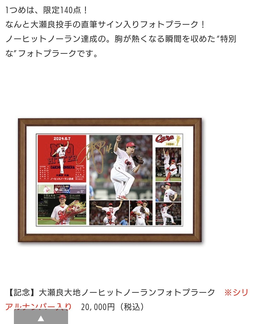 広島東洋カープ 大瀬良大地投手 新人王記念フォトプラーク 直筆サイン