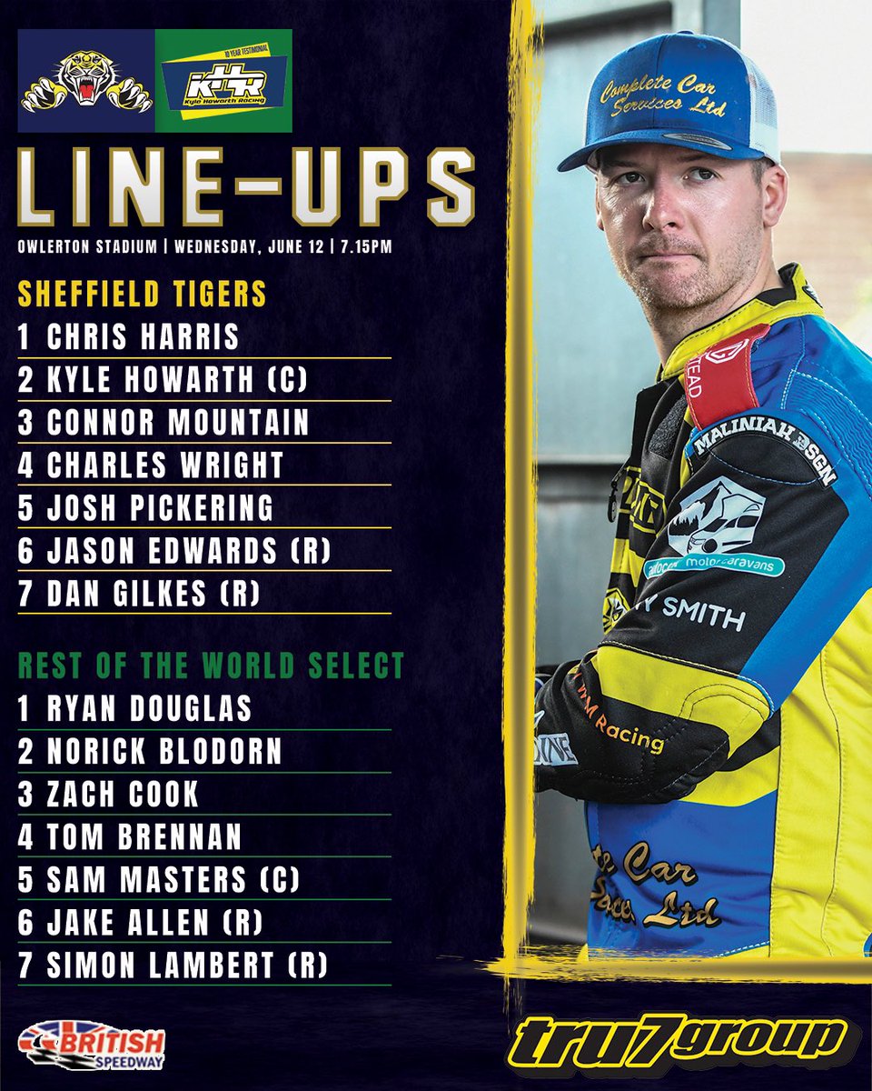 👨‍👨‍👦‍👦📋 𝗧𝗘𝗔𝗠 𝗡𝗘𝗪𝗦

Here are the riders on display in tonight’s main event at our skipper’s Testimonial.

Don’t forget, gates open at 6pm with a rider ‘selfie &amp; signing session’ until 6.15pm.

The build-up to the main event begins at 7.15pm.

🐯 #TigersPride | #KHTestimonial