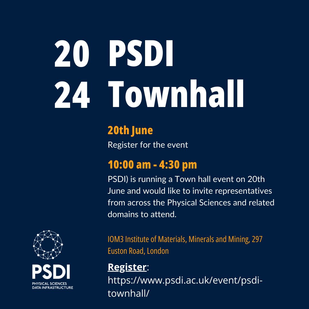 PSDI is running a Townhall on 20th June! We would like to invite representatives from across the Physical Sciences and related domains. Book your in person place (there is no charge) ▶️ tickettailor.com/events/physica… #PSDI #townhall #science #research #academia
