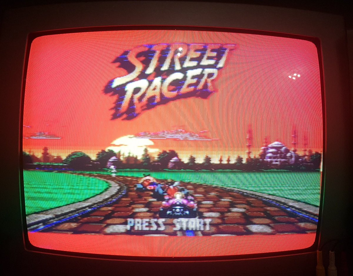 SegaMegaDave's tweet image. #StreetRacer, answering the question: what if #RocketLeague came out on #SegaMegaDrive? Its a surprisingly playable game with lots of modes, characters and tracks, well worth a go. #gaming #retrogames #crt