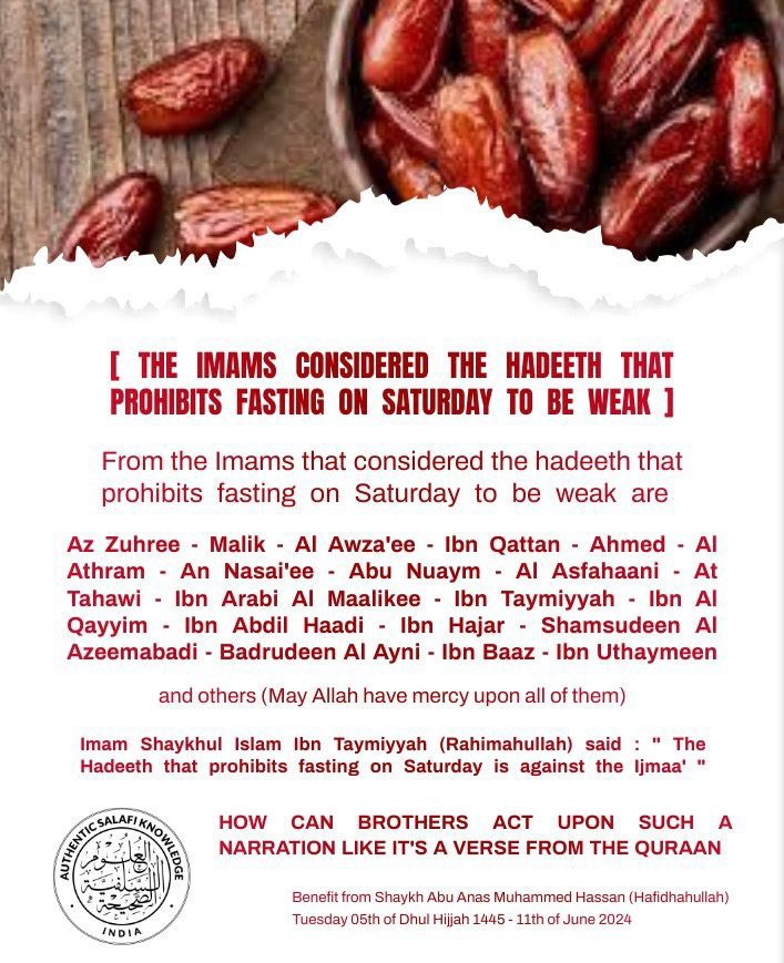AuthenticSalafi's tweet photo. The Imams considered the Hadeeth that Prohibits Fasting on Saturday to be weak -  Shaykh Abu Anas @AbooAnasMV حفظه الله

ശനിയാഴ്ച നോമ്പ് വിലക്കുന്ന ഹദീസിനെ ദുർബലമായാണ് ഇമാമുമാർ പരിഗണിച്ചത് - ഷെയ്ഖ് അബൂ അനസ്  (ഹഫിദഹുല്ലാഹ്)

പരിഭാഷപ്പെടുത്തിയത് : ഡോ: കെ. മുഹമ്മദ് സാജിദ് https://t.co/lHjlGAY58f