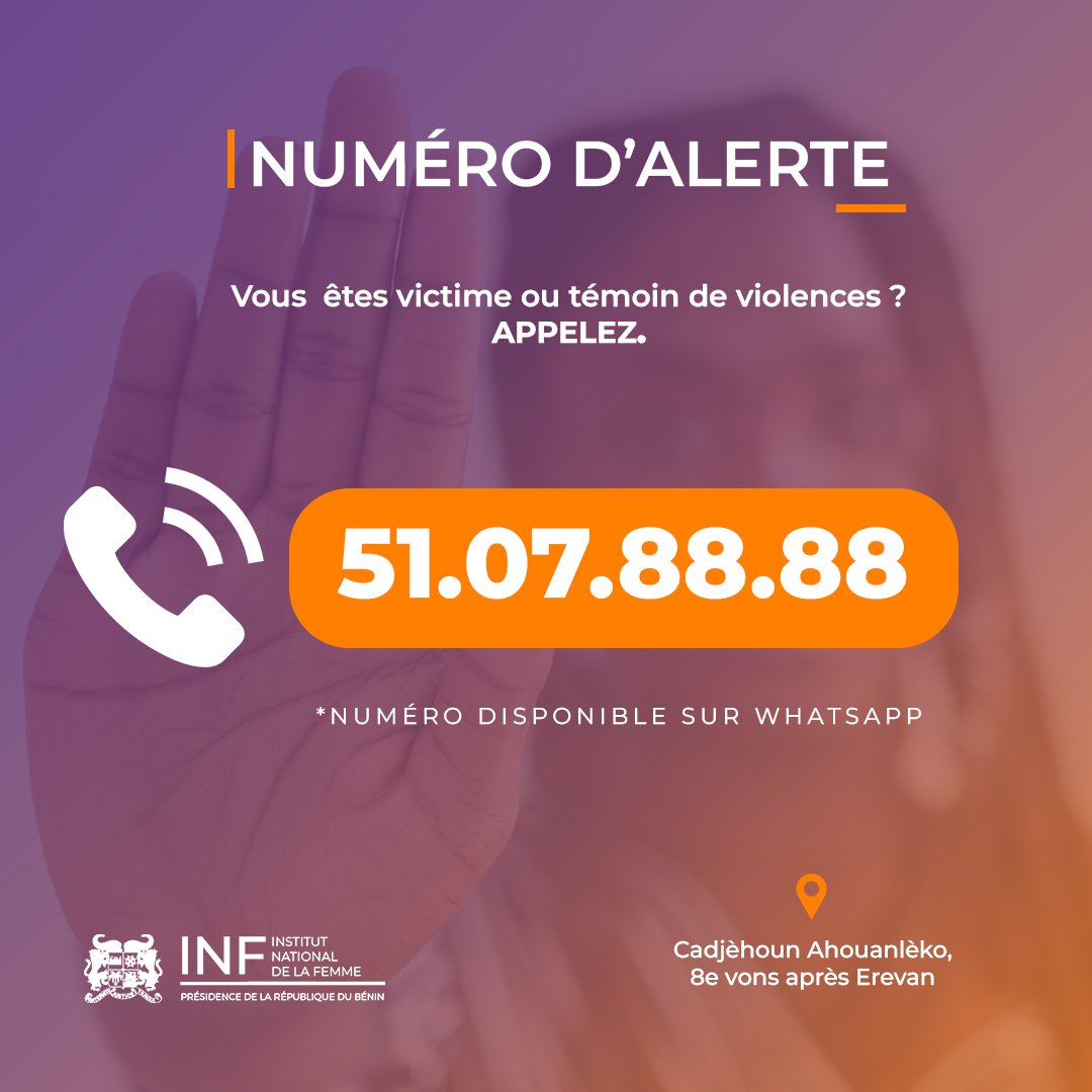 MinouChrystayl's tweet photo. 🟣🟠 En tant que victime ou témoin d'un viol, n'hésitez pas à contacter @INFBenin au 51 07 88 88 pour bénéficier d'une assistance appropriée.
Lieu : 8 ème vons après Erevan en direction de Fidjorossè.
#TeamINF et sachez que #LEVIOLESTUNCRIME https://t.co/QrVIZiJdIx