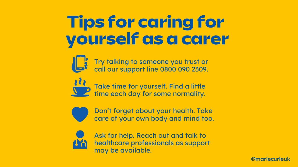 Looking after someone with a terminal illness can be physically, emotionally, and financially demanding.

And it can be easy to forget to look after yourself. But, your health is important too. Visit: bit.ly/2UT0t8l for information or support. 

#CarersWeek #carers