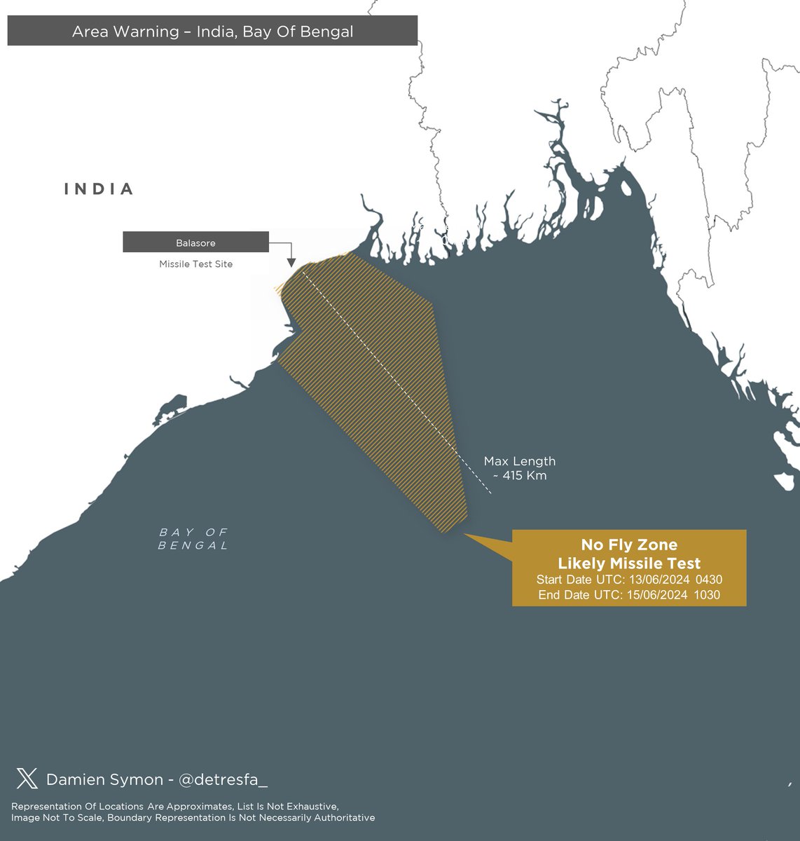 Prakash20202021's tweet image. #AreaWarning #India issues a notification for a no-fly zone over the Bay of Bengal region, indicative of a likely ITCM-SLCM missile test - Date: 13-15 June 2024.