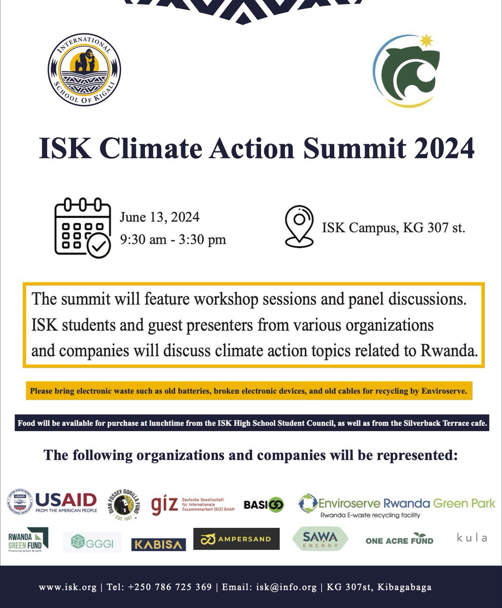 ISK_Kigali's tweet photo. ISK Climate Action Summit is tomorrow (Thursday, June 13). Open to the whole ISK community (parents, board members, staff, and students). Please join us.

#ISK2024 #Becompassionate #Staycurious #ClimateAction #TheGreenProtector #Sustainability #EcoFriendly #GoGreen https://t.co/7jIoWFgzML