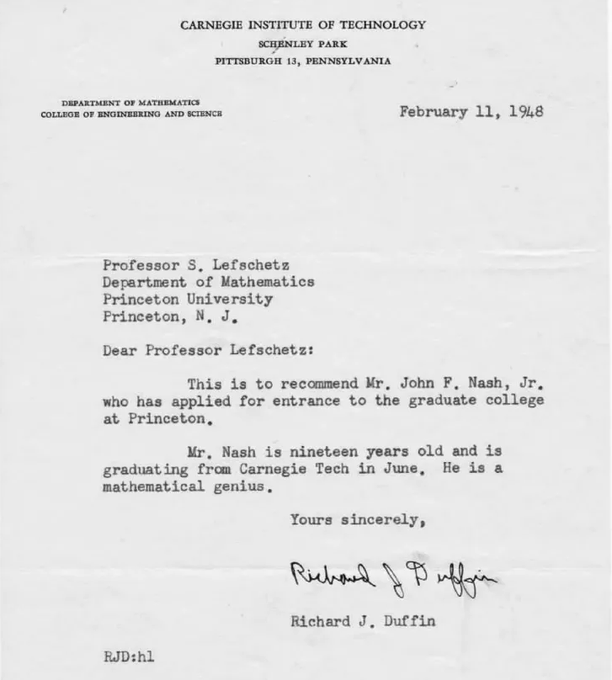 Born 96 years ago #Today, John Nash was the game theorist who won the 1994 Nobel Prize in economics and was portrayed by Russell Crowe in 'A Beautiful Mind'. 

This is his recommendation letter, possibly the best ever