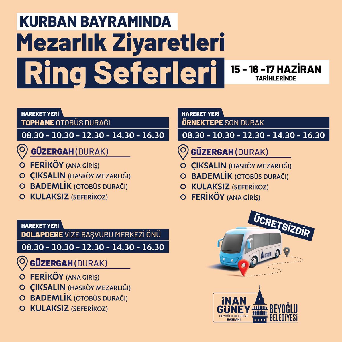 Bayram süresince mezarlık ziyaretinde bulunmak isteyen komşularımız için Ücretsiz Ring Seferlerimiz hizmet verecektir. 🚌

🗓️ 15-16-17 Haziran 2024

📍Tophane Otobüs Durağı
08:30 | 10:30 | 12:30 | 14:30 | 16:30

📍 Örnektepe Son Durak
08:30 | 10:30 | 12:30 | 14:30 | 16:30

📍