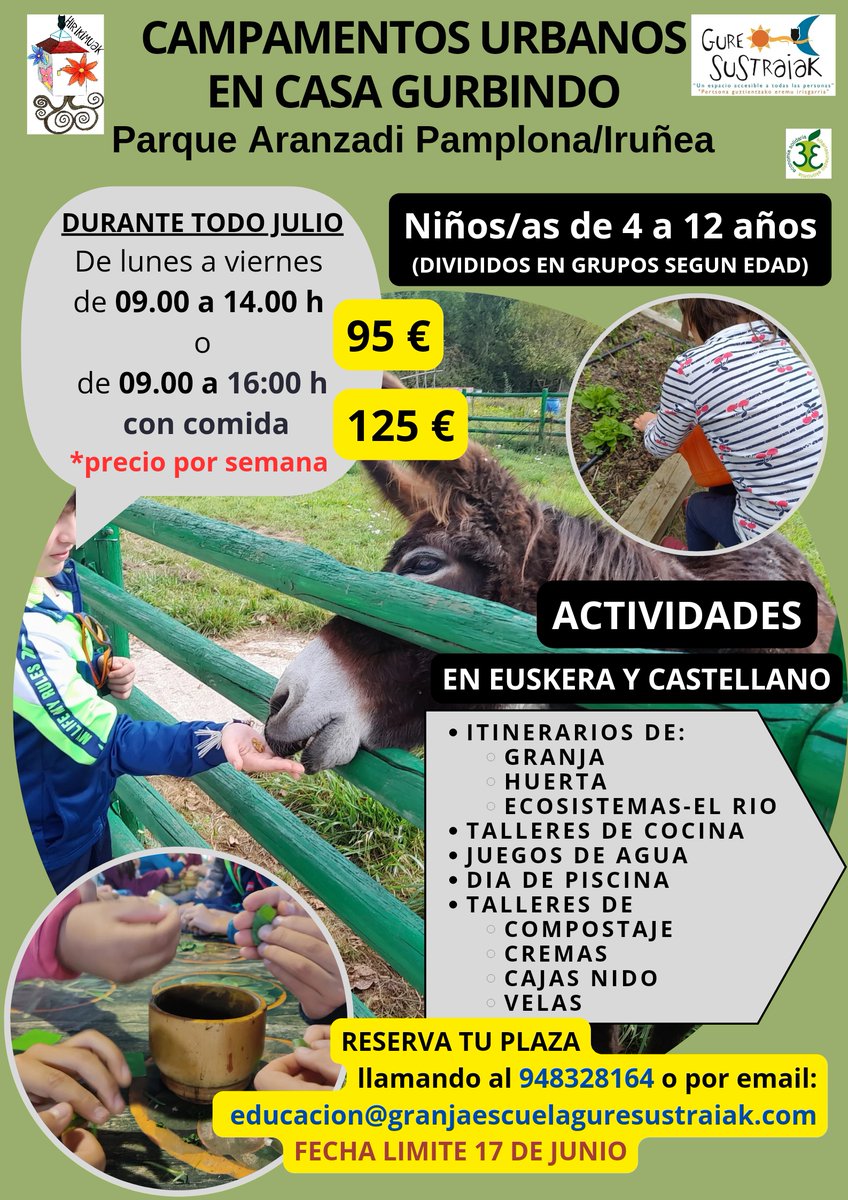 <a href="/GureSustraiak/">Gure Sustraiak</a> abre el periodo de inscripción para sus campamentos urbanos de julio

ℹ️ Información e inscripciones en granjaescuelaguresustraiak.com/noticias/campa…