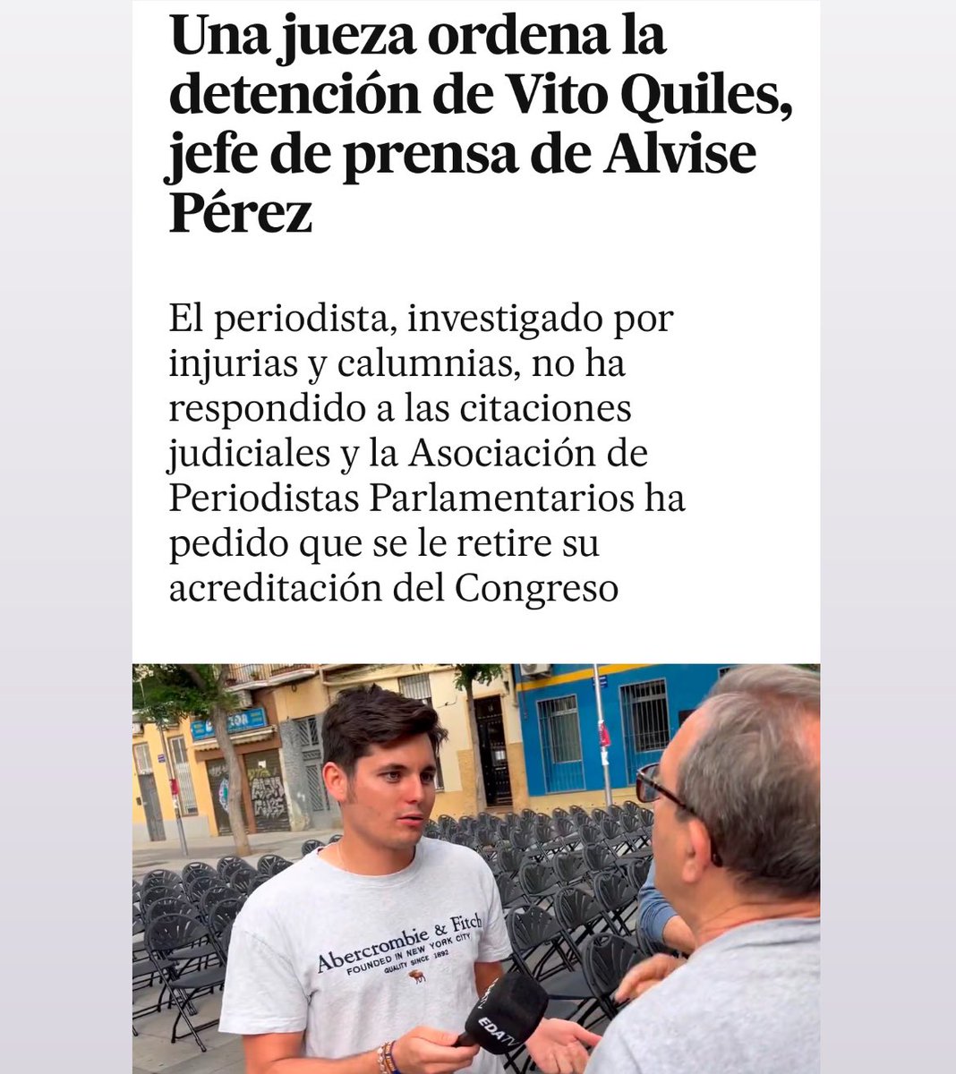 JesusCintora's tweet photo. “Una jueza ordena la detención de Vito Quiles, jefe de prensa de Alvise Pérez: investigado por injurias y calumnias, no ha respondido a las citaciones judiciales” https://t.co/gYFBEGkjIg https://t.co/mDv2Q2roMy