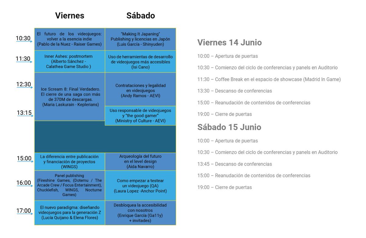 IndieDevDay (@indiedevday) on Twitter photo En nada nos vemos en <a href="/MadGamesShow/">MadGamesShow</a> 🎮
📅 Viernes 14 y sábado 15 de junio
📍 Matadero (Casa del Lector), Madrid
🎟 Acceso gratuito
🔗 Más info en la web madgamesshow.com/horario/
Os dejamos aquí el mapa y horario de actividades 👇 En nada nos vemos en <a href="/MadGamesShow/">MadGamesShow</a> 🎮
📅 Viernes 14 y sábado 15 de junio
📍 Matadero (Casa del Lector), Madrid
🎟 Acceso gratuito
🔗 Más info en la web madgamesshow.com/horario/
Os dejamos aquí el mapa y horario de actividades 👇