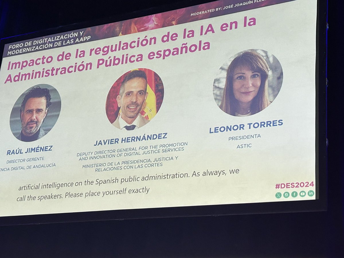 Impacto de la regulación de la IA en la administración pública española mesa de debate en el #DES2024 con Leonor Torres, Javier Hernández y Raúl Jiménez director de <a href="/AgenciaDigAnd/">Agencia Digital de Andalucía</a> @AndaluciaVuela <a href="/juanluiscruz_/">Juan Luis Cruz</a> <a href="/fegarc/">Fernando G.Cumbreras</a>