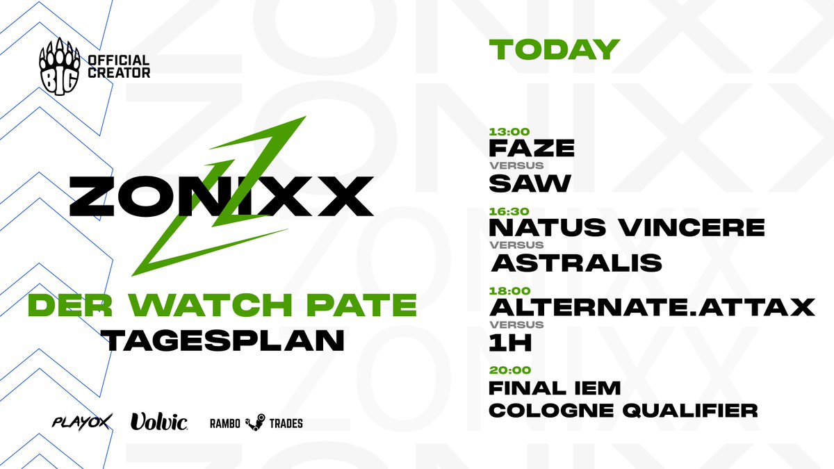 zonixxCS's tweet photo. BOCK AUF CS??? Der Watch Pate hat wieder einen geilen Tag für euch vorbereitet!! 🍿

BLAST PREMIER SPRING FINAL + IEM COLOGNE 🇩🇪QUALIFIER!