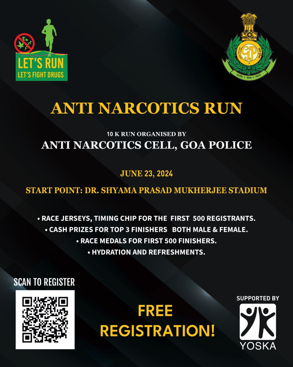 spnorthgoa's tweet photo. Choose health. Choose life. Choose family. Say NO to Drugs! 💪

Join us on June 23 at Dr. Shyama Prasad Stadium, Goa, for the 2024 Anti-Narcotics Run. 🏃

FREE REGISTRATION, Jerseys, Timings chips, Finisher Medals and refreshments. 

Register now: https://t.co/2BolMPWUUS! https://t.co/cCPxo87h7x
