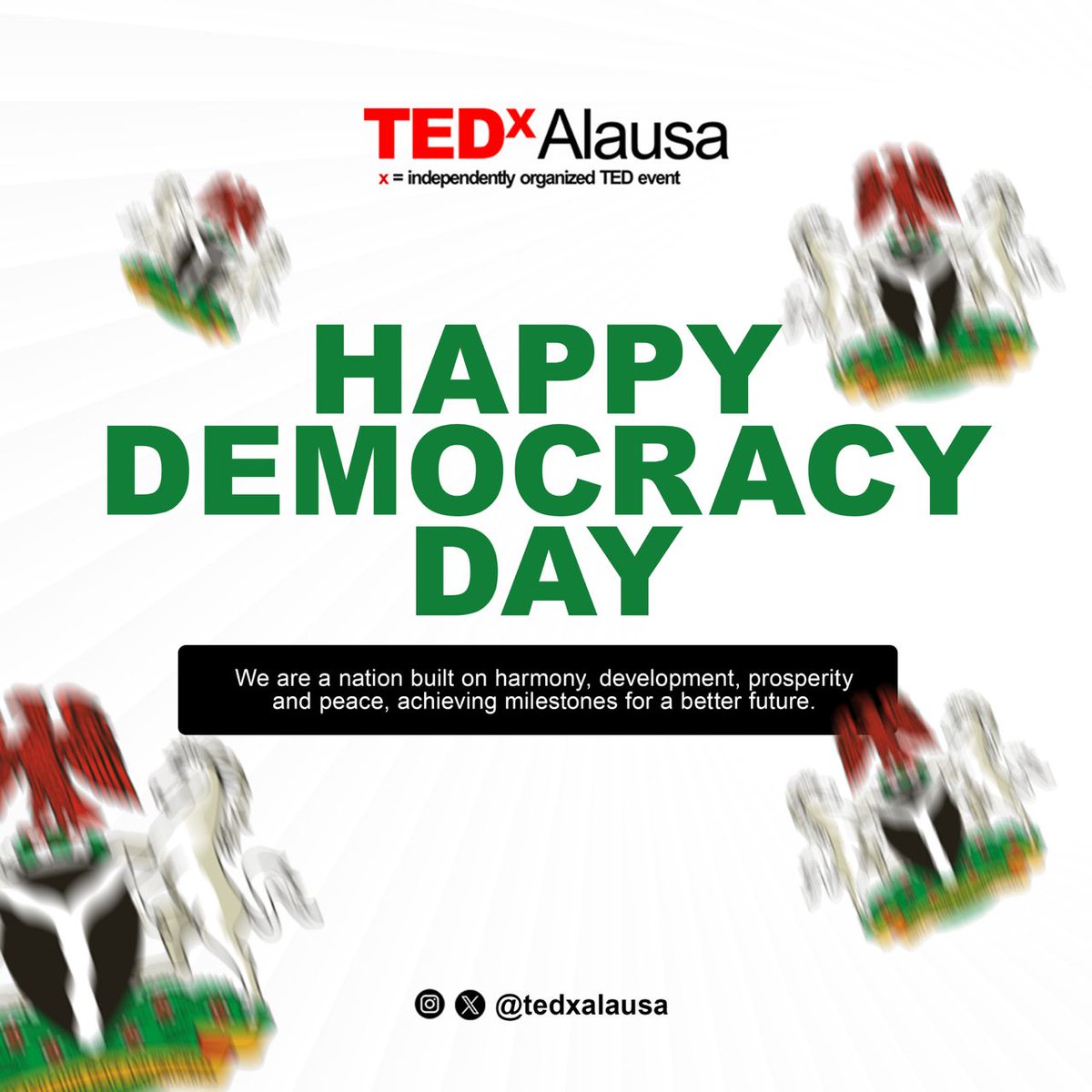 TEDxAlausa's tweet photo. We now have the right to vote and be voted for according to the law!
We are a nation built on harmony, development, prosperity and peace, achieving milestones for a better future.
Happy democracy day, Nigerians 🇳🇬 https://t.co/jFoJzAJSpz