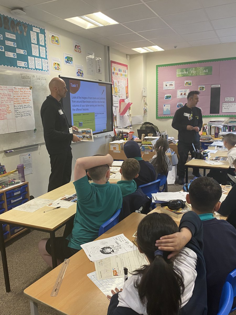 mcrhealthysch's tweet photo. We had a fantastic response from Year 5 at @BenchillSchool yesterday to the pilot of our new tram safety lesson, written in collaboration with @MCRMetrolink #travelsafepartnership Looking forward to releasing the free resource to all of our engaged schools in September! https://t.co/GhxNKSMVS8
