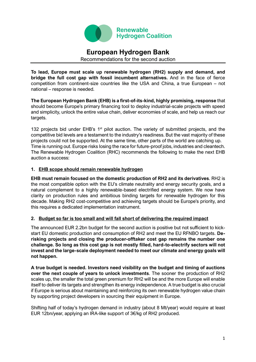 renewableH2EU's tweet photo. Today, the @EU_Commission announces a budget of €1.2 bn for the 2nd auction of the EU #HydrogenBank. This amount falls short of delivering the necessary scale. 

We just published our position for the 2nd auction of the Bank. Read it here: https://t.co/6DBZqHtqxE https://t.co/MLIqBYPx7B