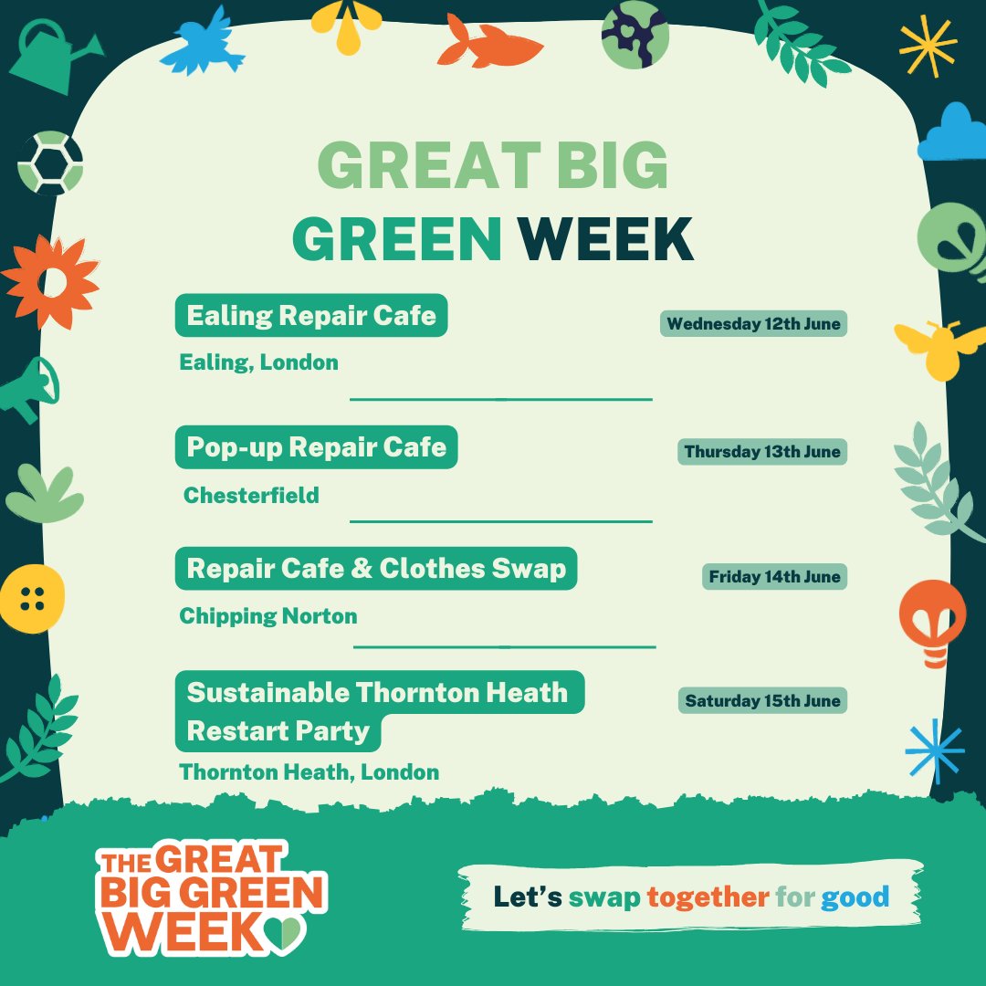 RestartProject's tweet photo. Some super exciting repair events coming up for #GreatBigGreenWeek this weekend! 🌱🌱🌱⁠
⁠
And below is the huge list of Restart Parties and repair cafes happening across the UK - we're so spoilt for choice! https://t.co/sCNSfFPAoj