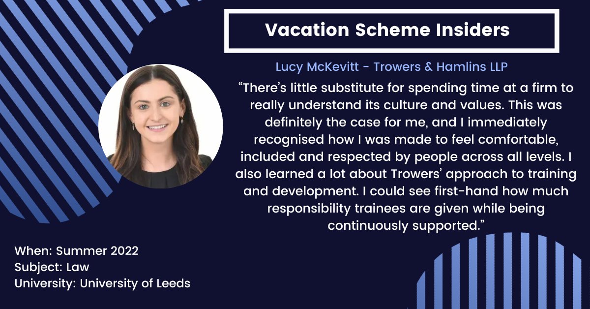 LawCareersNetUK's tweet image. Read this Vacation Scheme Insider to find out more about the vacation scheme experience at @Trowers. 

ow.ly/aBas50SgG7R

#SummerAssociate #LegalExperience