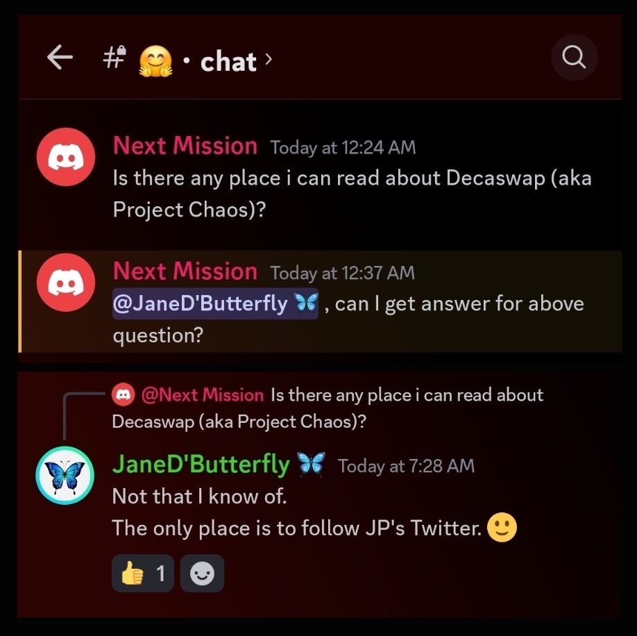 JaneDButterfly's tweet photo. @JPTHOR89 Boss, people start asking about #ProjectChaos DECASwap on @THORChainUni . ๐ฅ ๐ฅ
When will we have DECASwap Discord or website, or docs that we can learn more? โก๏ธ โก๏ธ https://t.co/jgS02NlsjU