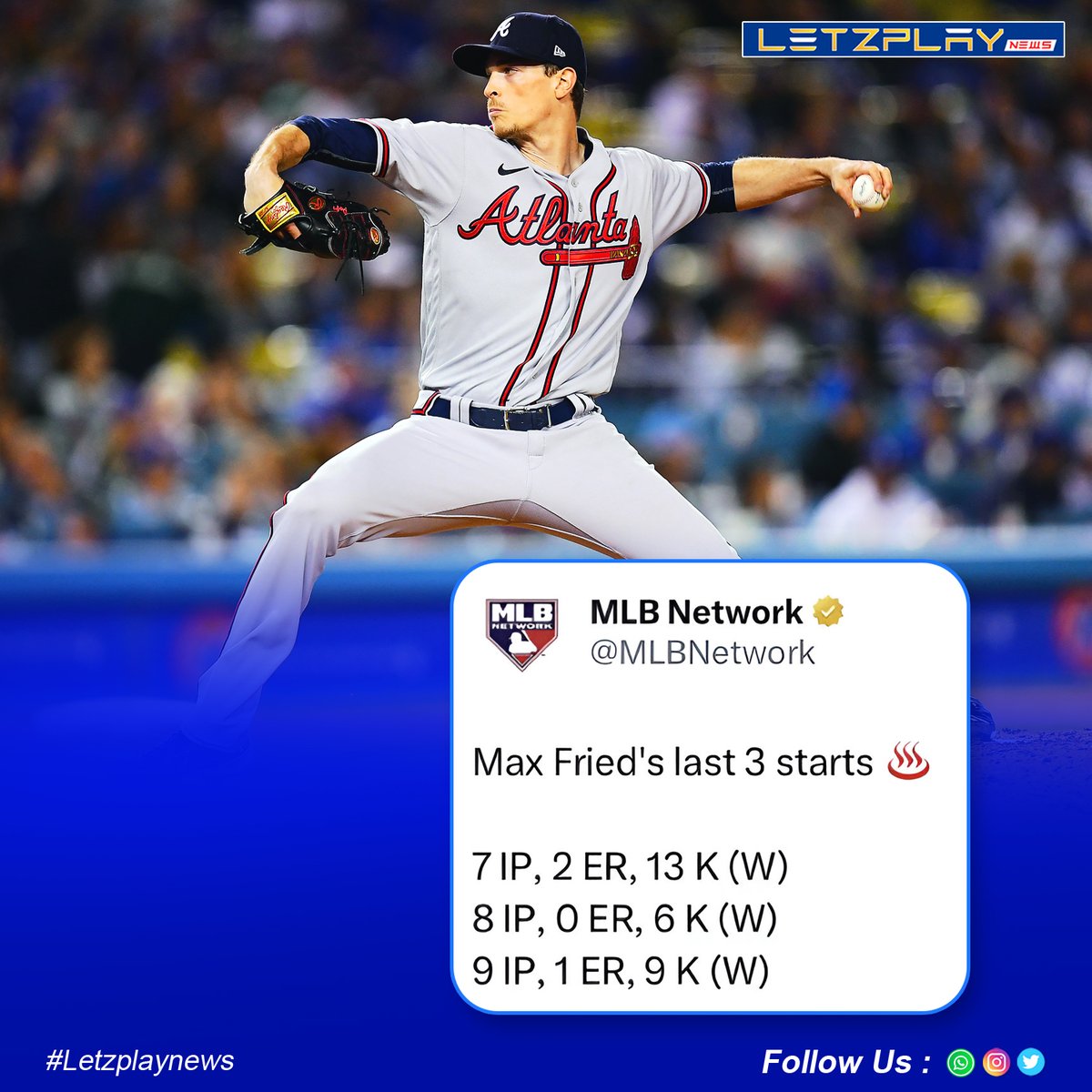 Letzplay_News's tweet photo. Max Fried is on fire! 👀🔥 

Dominating the mound and showing why he's one of the best in the game.
.
.
.
#MaxFried #MLB #Baseball #PitchingAce #OnFire #MLB2024 #BaseballFever #Braves #AtlantaBraves #GameChanger #HeatUp #Dominating https://t.co/1h6BEv3H6D