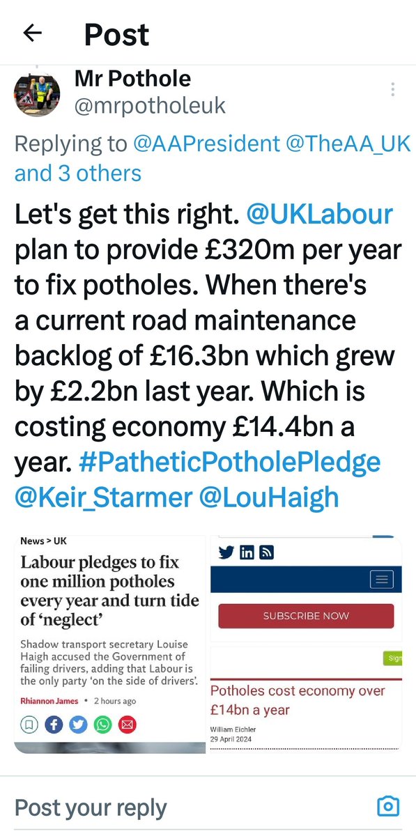 mrpotholeuk's tweet photo. @nicholaslyes Thanks Nick. The two main parties haven't got an idea on what's needed to #FixPotholeBritain. Not until an Annual Resurfacing programme is put in place, will the failure of roads end. An additional £3bn annually index linked fund is required. https://t.co/tkKxRC0uow