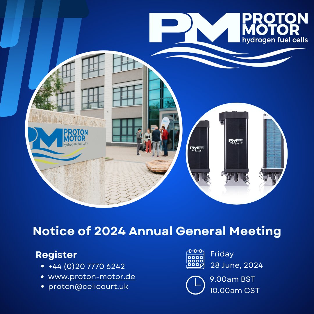 The Annual General Meeting of PROTON MOTOR POWER SYSTEMS PLC #PPS, holding of <a href="/ProtonMotor/">Proton Motor</a>, will be held on 28th June 2024, 9:00am BST, 10:00am CST

Full notification:
proton-motor.com/wp-content/upl…

Registration:
investormeetcompany.com/proton-motor-p…

#hydrogen #FuelCell #ProtonMotorPowerSystems