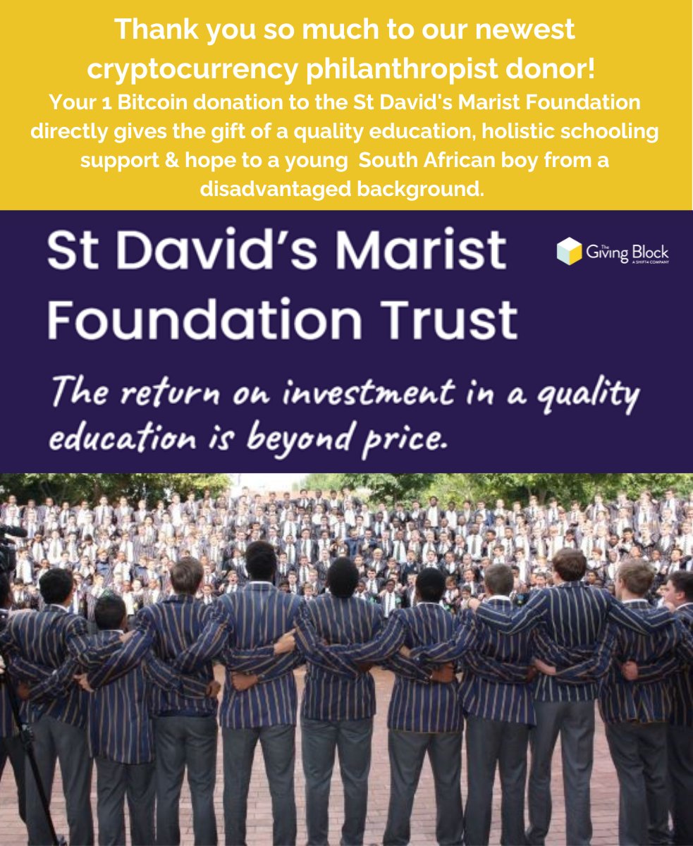 We are so delighted to announce that we have received a second very significant cryptocurrency donation to the St David's Bursary Fund, made through <a href="/TheGivingBlock/">The Giving Block</a> We are deeply thankful for our newest international crypto-philanthropist 💙💛 <a href="/InandaSpirit/">St Davids Marist Inanda</a>