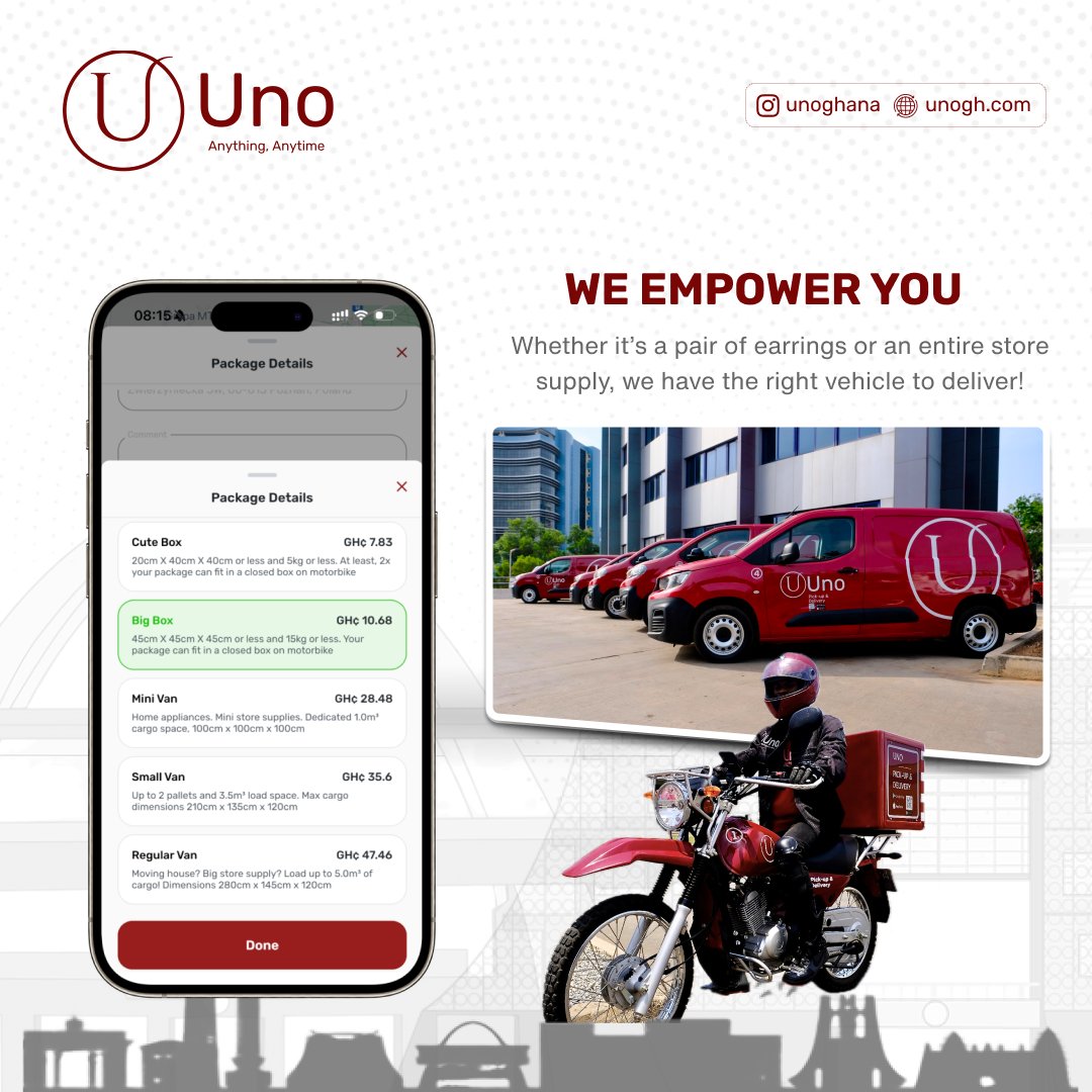 unoghana's tweet photo. We empower you to grow your business, knowing that when it comes to delivery, whether a small package or large inventory, Uno has the right vehicle to deliver!
Our fleet of motorcycles, mini vans, small and large vans are on-demand for anything, anytime!

#Delivery #ghanabusiness https://t.co/5yDAq3Nvrd