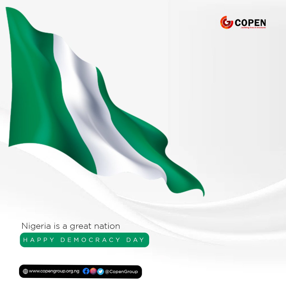 CopenGroup's tweet photo. Nigeria is a great nation.
Happy Democracy Day Nigeria.
COPEN: Building #Lives and #Structures
#Copen #CopenGroup #DemocracyDayNigeria #Nigeria https://t.co/bc7IIZd4Ty
