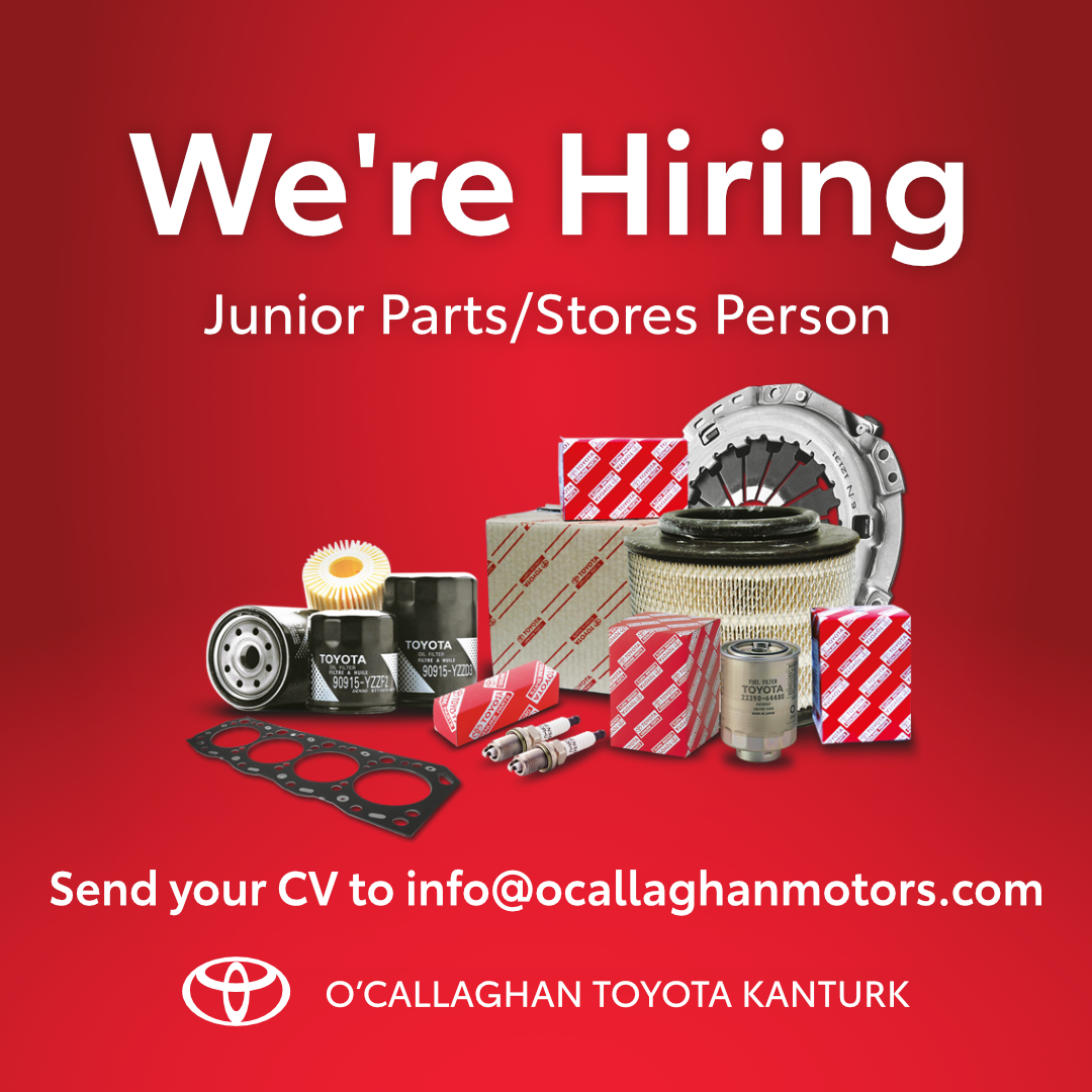ToyotaKanturk's tweet photo. We’re hiring at O’Callaghan Toyota Kanturk with two vacancies!
🤝 Junior Salesperson
⚙️ Junior Parts/Stores Person

Join a winning brand in Toyota and a dedicated and motivated team in O’Callaghans. Send your CV to info@ocallaghanmotors.com #jobfairy #jobsearch #jobscork https://t.co/Ixv8YMOtJ4