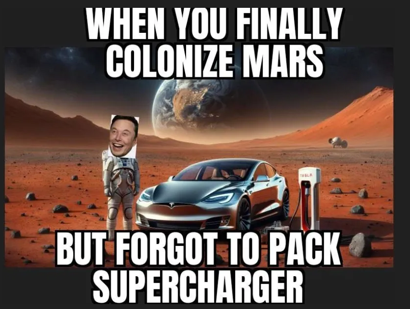aqsuila's tweet photo. When you conquer Mars but forget to pack the supercharger... Typical day for Elon!

#MarsMission  #Tesla #SpaceHumor #ColonizingMars   #futureisnow 

Thrilled about @PlayGroundCorp's future! With their revolutionary gaming tools and Swamp Gaming partnership, Web3 gaming will never be the same. Keep up with updates by following @JoinPlayLoop and @PlayAcademyGG! $BEYOND

https://t.co/cVwZv1rwYf