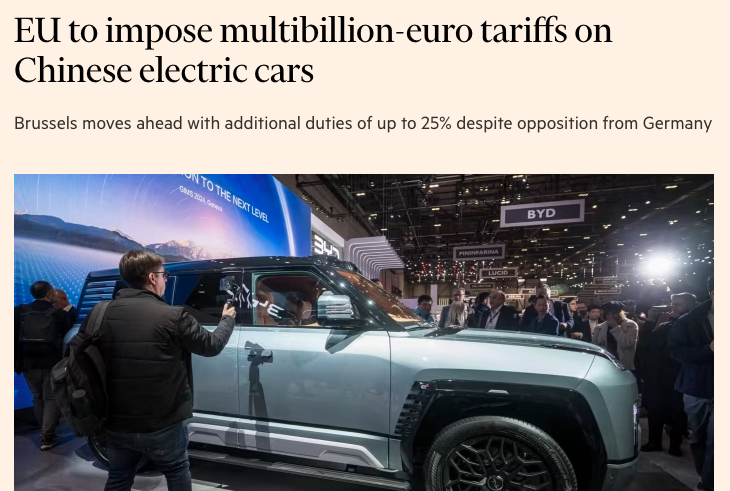 Ben_Wray1989's tweet photo. Von Der Leyen slapping tariffs on Chinese electric vehicles, following in Biden's footsteps. That's despite Berlin's opposition, as retaliatory tariffs will hurt German industry. 

Atlanticism comes before not just climate goals but even Germany's struggling manufacturing sector! https://t.co/0qXq2aHxmX