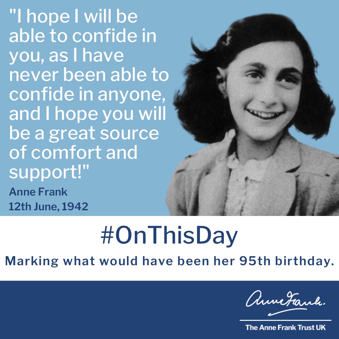 AnneFrankTrust's tweet photo. #OnThisDay we remember what would have been Anne Franks' 95th birthday🎈

On June 12, 1942, Anne received her first red-checked diary for her 13th birthday. 'Maybe one of my nicest presents..! she wrote. https://t.co/NKn1HQ36mx