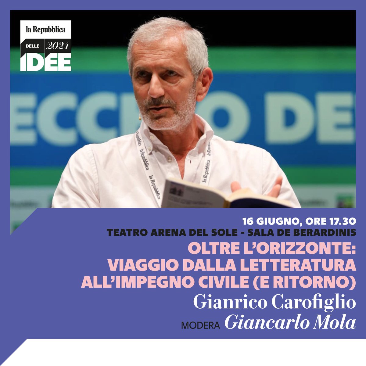 📢 "Generazione futuro. Più inclusione, più Europa": 14-16 giugno #RepIdee24 a Bologna.

Teatro Arena del Sole, 16 giugno, h17:30, “Oltre l’orizzonte: viaggio dalla letteratura all’impegno civile (e ritorno)”, <a href="/GianricoCarof/">Gianrico Carofiglio</a>, <a href="/giancarlomola/">Giancarlo Mola</a>.

repidee.makeitlive.it

<a href="/repubblica/">Repubblica</a>