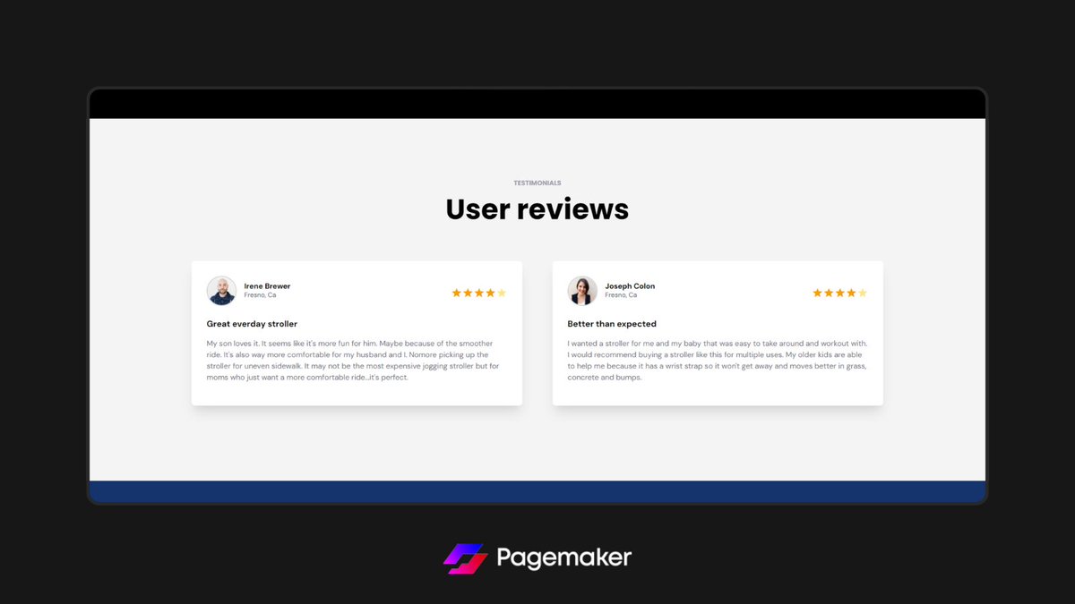 Show user reviews with a clean design on your e-commerce landing page.

Check this Tailwind CSS testimonial module design, highlighting user reviews.

Preview template: electronics-rn5.pagemaker.link

#TestimonialModule #WebsiteBuilder #WebsiteDesign #NoCode #Ecommerce