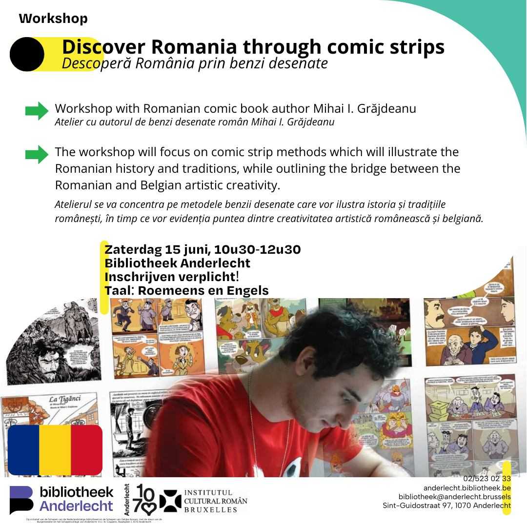 Mihai Ionuț Grăjdeanu est un jeune artiste 🇷🇴 qui animera un atelier créatif pour nous faire découvrir la Roumanie à travers la bande dessinée.
🗓️15 juin, 10h30
📪Bibliothèque néerlandaise d'Anderlecht (R. Saint-Guidon 97)
👩‍👧‍👧Public: enfants 7+ accompagnés