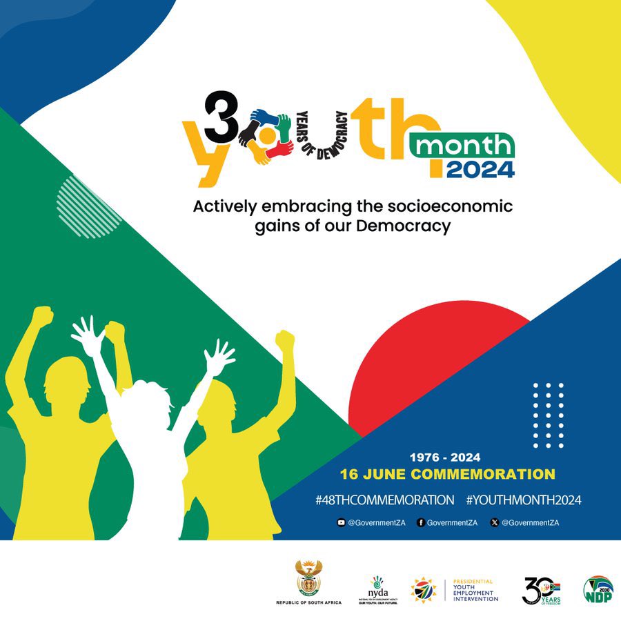 DSBD_SA's tweet image. This year’s commemoration of #YouthMonth2024, which will be held under the theme “Actively advancing socioeconomic gains of our democracy,” this will have added significance as it coincides with the celebration of #30YearsofFreedom. #48Commemoration #YouthMonth #youth