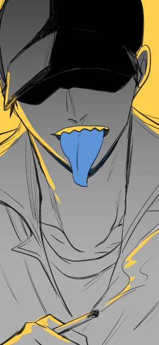 ほとんど人間姿な人外でも、ベロは青色だったりするのが好きンゴね～～( ˘ω˘ )っていうラクガキ。 