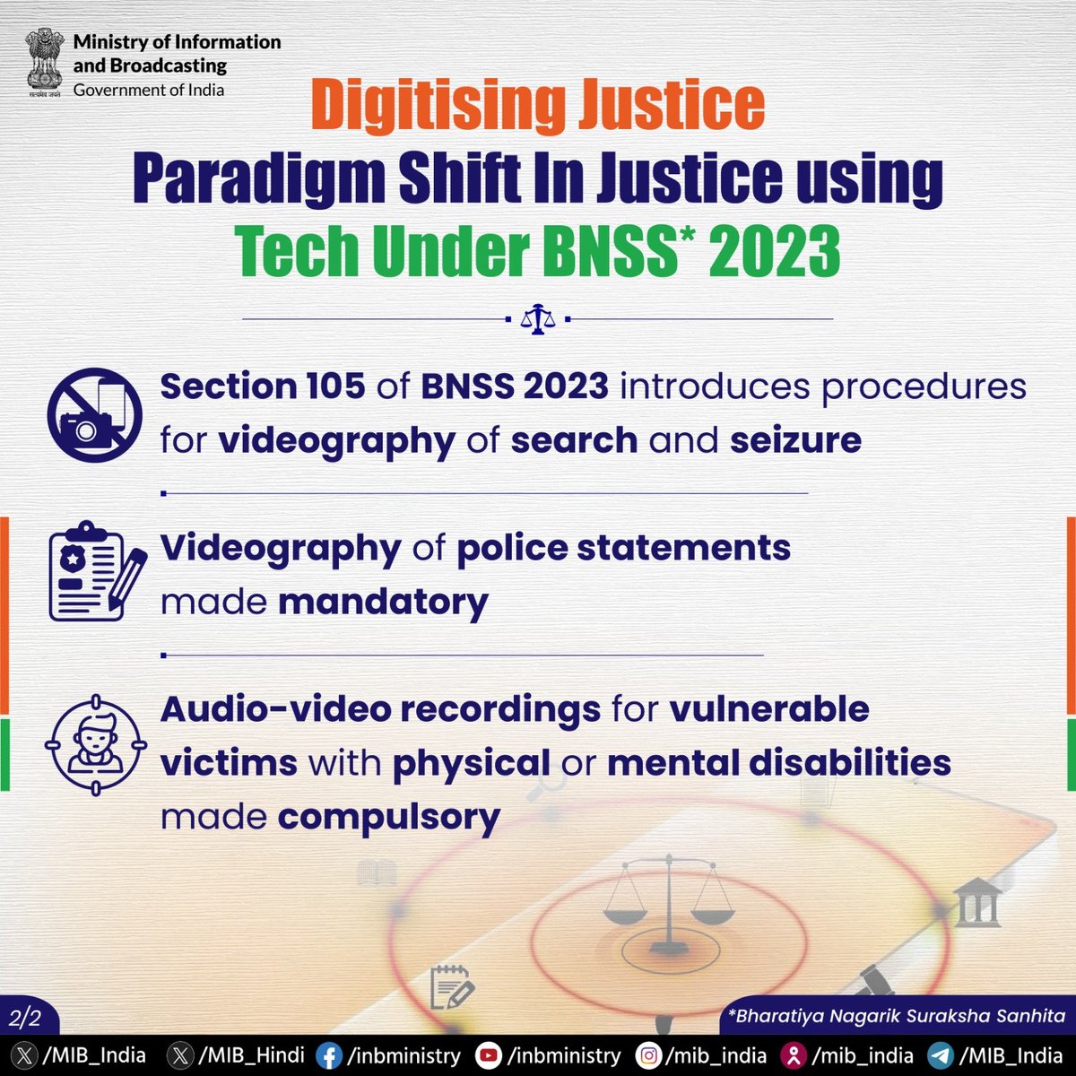 DDNewslive's tweet photo. New Criminal Laws - #DigitisingJustice!
Paradigm Shift In Justice using Tech Under BNSS 2023:
🔷Section 105 of BNSS 2023 introduces procedures for videography of search and seizure
🔷Videography of police statements made mandatory
🔷Audio-video recordings for vulnerable victims with physical or mental disabilities made compulsory
#DigitalIndia #NewCriminalLaws #BNS #BNSS #BSA
@MIB_India @PIBHomeAffairs @PIB_India